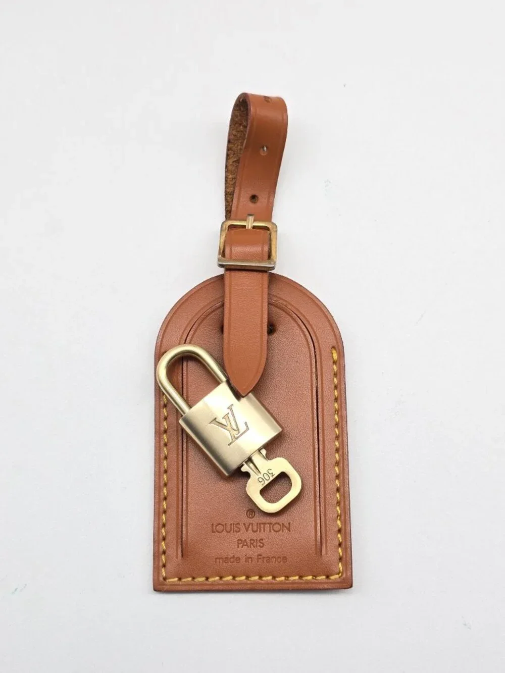 Authentic Louis Vuitton LV Large Brown Luggage Tag Gold Padlock Key w/ Box